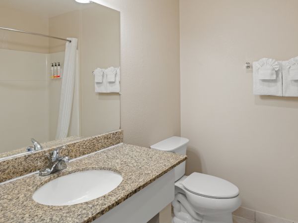 A clean bathroom with a granite countertop sink, mirror, toilet, shower curtain, and folded towels on the wall, tidy and bright.