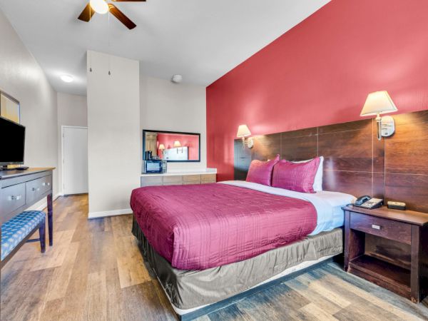 A hotel room with a bed, nightstands, TV, and dresser. The walls are red and white, with wooden flooring and a ceiling fan.
