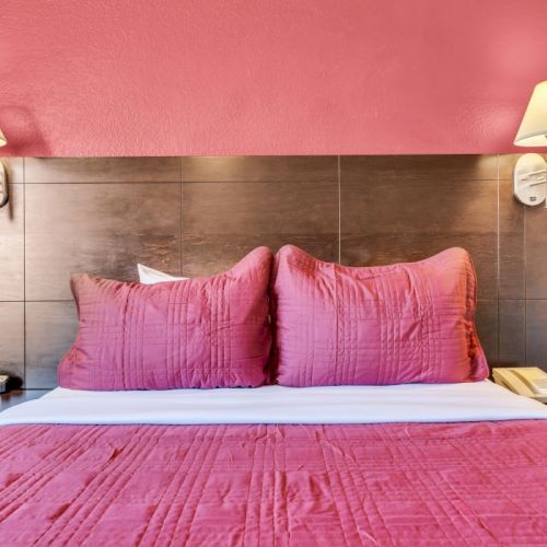A neatly made bed with pink pillows and comforter, flanked by nightstands, under dual wall-mounted lamps on a pink wall.