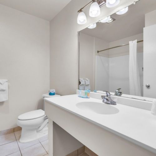 A clean bathroom with a toilet, sink, mirror, shower, hairdryer, and towels is neatly displayed on a white counter.